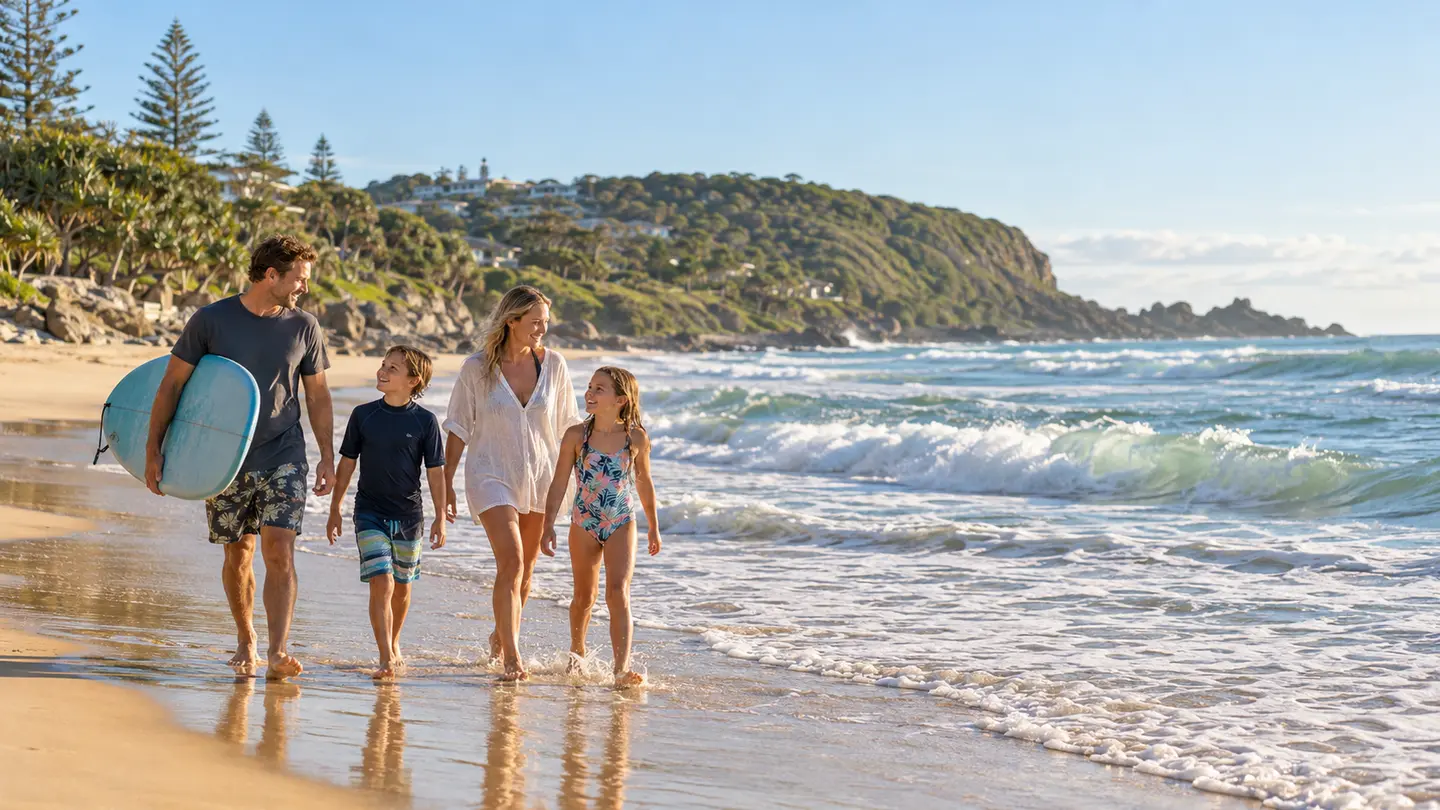 Family walking with a surfboard on Coolum Beach