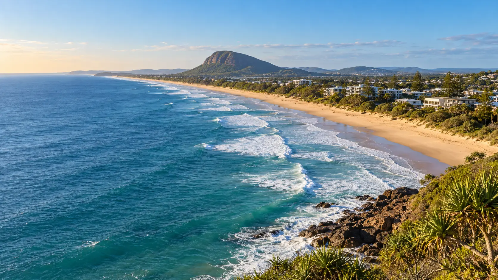 Coolum Beach coastline and Mount Coolum in the early morning light
